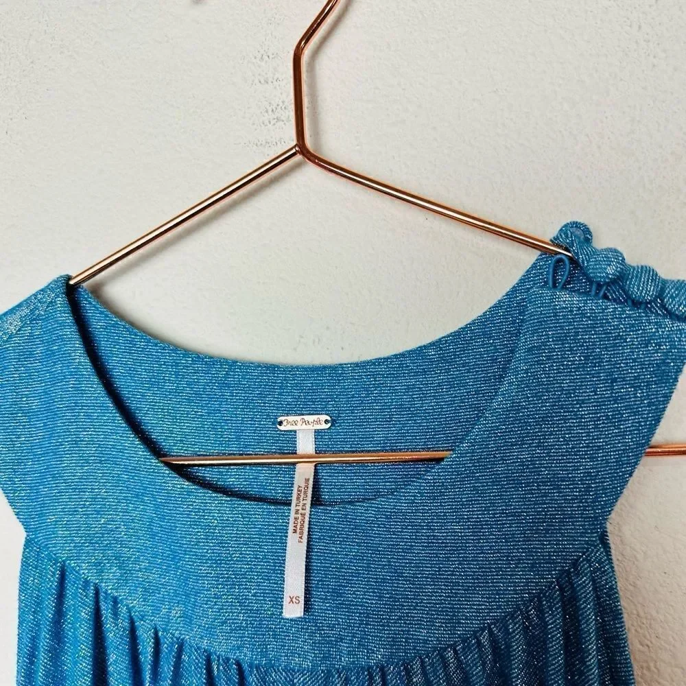 NWOT Free People Pleated Love Blue Metallic Mini Dress Medium